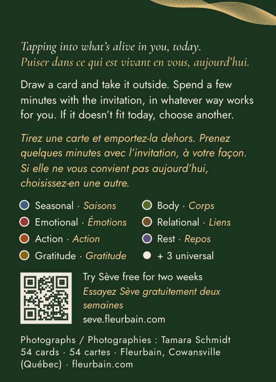 Back of the Sève tuck box, with how-to text in English and French and the seven themes